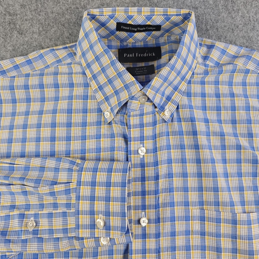 Paul Fredrick Dress Shirt Mens 16.5 32 Classic Fit Blue Yellow Plaid Button Down